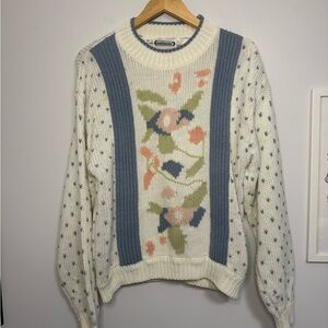 Vintage Knit Floral Patterned Sweater - Cream and Blue